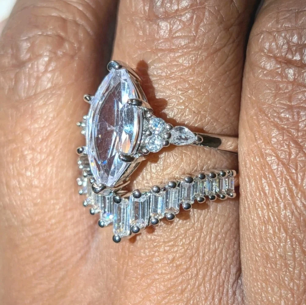 Luxury 925 Silver 4ct Simulated Marquise Diamond Wedding Ring Set For Women Sz 8